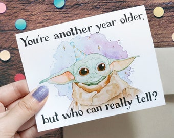 Tarjeta de cumpleaños de Grogu (interior en blanco), tarjeta de felicitación de Mandalorian o pegatina de vinilo