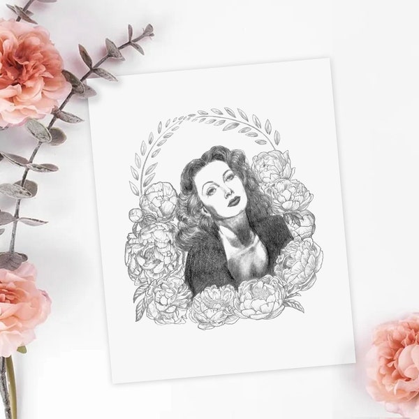 Hedy Lamarr Zeichnung, Kunstdruck, Old Hollywood, Golden Era Kunstwerk, Galeriewand, Vintage Mode, Wissenschaftlerin, Inspirierende Frau