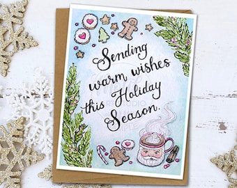 Holiday Greeting Card (Blank), Christmas Card, "Sending you warm wishes this Holiday Season", Watercolor Painting