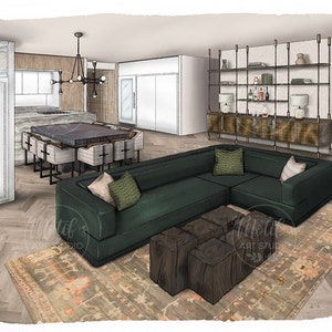Può includere: Un divano angolare verde con cuscini si trova in un soggiorno con un tavolino da caffè in legno e un tappeto con un motivo intricato. La stanza ha un design moderno con una grande finestra e una libreria.