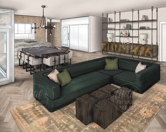 Kundenspezifisches Innenrendering, DIGITALE Zeichnung für Innenarchitekten, Wohnzimmerzeichnung, Esszimmer, Küche