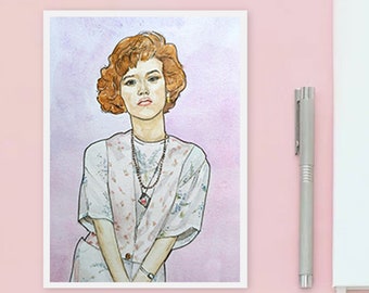 Jolie en rose, Tirage d’art, Aquarelle, thème des années 80, Molly Ringwald Dessin
