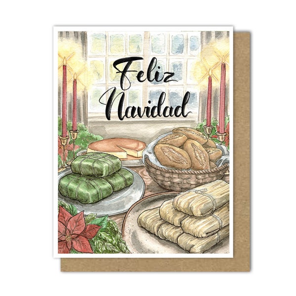 Tamales-kaart, "Merry Christmas" of "Feliz Navidad" (blanco binnenin)