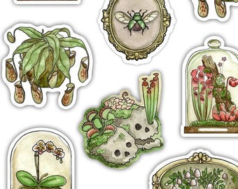 Carnivorous Plant Stickers, Terrarium Sticker, Mushroom Sticker, Dark Academia Theme