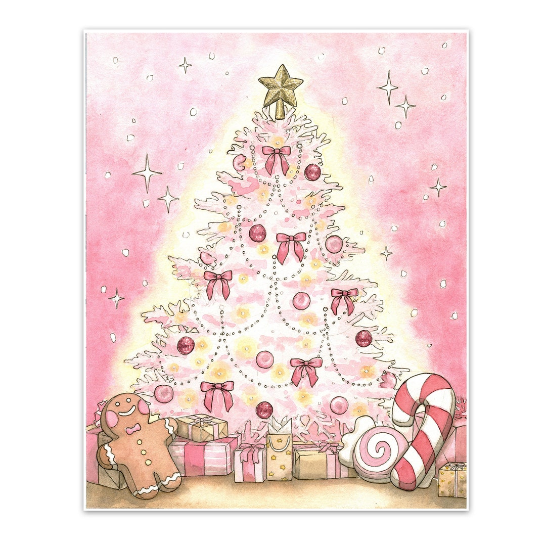 Pink Christmas Tree Art Print, Winter Wall Decor Etsy