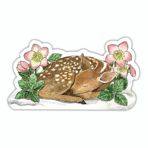 Baby Deer Sticker, Sleeping Fawn Sticker with Flowers