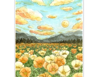 California Poppies Art Print, Floral Wall Decor, Watercolor Painting
