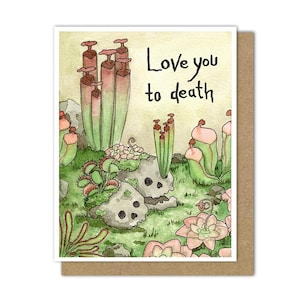Carte gothique romantique (vierge), carte de voeux Je t'aime, carte avec des têtes de mort et des plantes carnivores