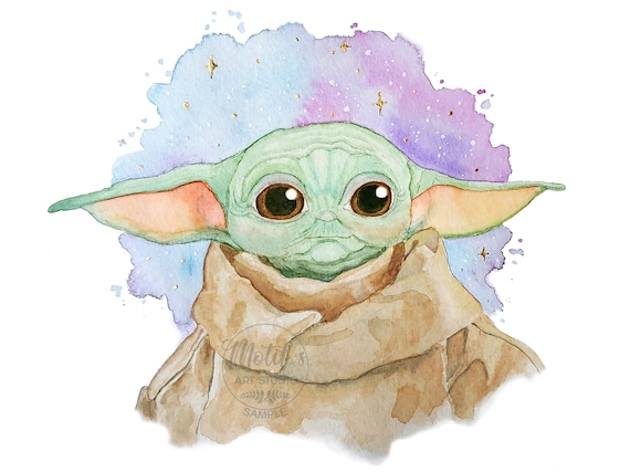 Dessin au trait à l'aquarelle de Baby Yoda · Creative Fabrica