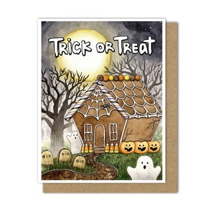 Carte de voeux d'Halloween (vierge), Halloween maison en pain d'épice, Des bonbons ou un sort