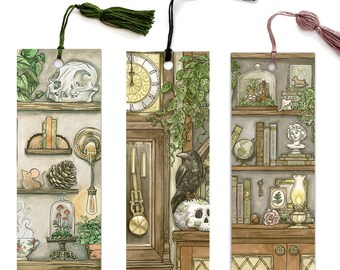 植物と奇妙なもののブックマーク、不気味な図書館のテーマ、タッセル付きブックマーク