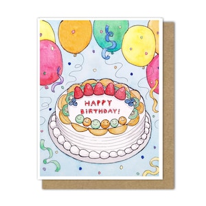 Biglietto di compleanno della torta asiatica di frutta (vuoto), pittura ad acquerello della panetteria cinese