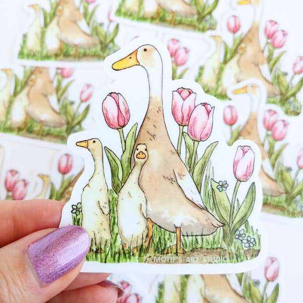 Duck Sticker, Mama Duck with Baby Ducks, Spring Floral Sticker