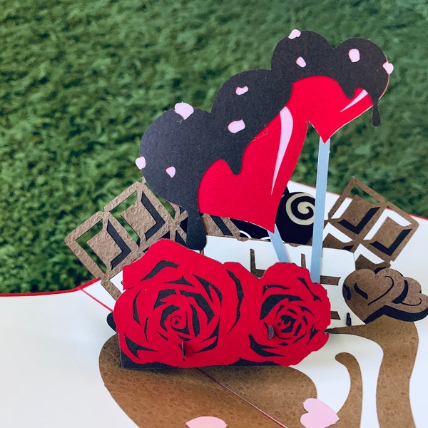 On Sale!! 3D Pop Up Rose Chocolate Anniversary, Birthday, Happy Mother's Day Greeting Card - Great Gift for couple, her, wife, mama, mommy