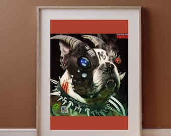 May include: A digital art print of a black and white French bulldog with horns, a spiked collar, and a cyborg eye. The dog has a red eye and a blue eye. The background is red with the text "MACHINE GUN" and "PINK" in white.