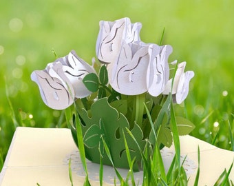 Bouquet de fleurs roses blanches Pop Up Card, carte 3D, cadeau d'anniversaire pour elle, carte de voeux florale, carte Pop Out, carte d'amour 3D, cadeau pour maman, Nana
