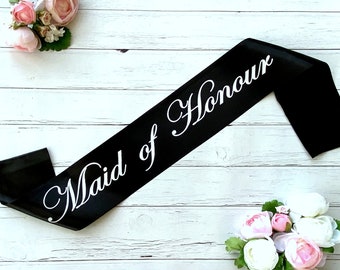 Black Maid of Honour Satin Sash, Bridal Shower Sash, Gift for Bridesmaids, Proposals, Future Mrs Sash, Bachelorette Party, Bride Accessories