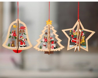 3D Wooden Christmas Tree Decorations, Xmas Hanging Ornaments, Kids Xmas Gifts, Xmas Decorative Hanging Pendant, Xmas Decor, Reindeer, Santa