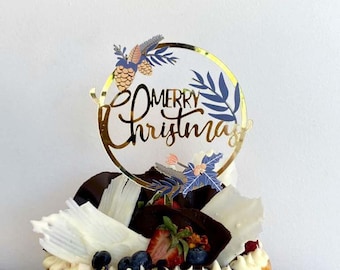 Merry Christmas Cake Topper, Leaf Wreath Topper, Holiday Cake Decorations, Festive Decor, Christmas Party, Table Decorations, Baking Supply