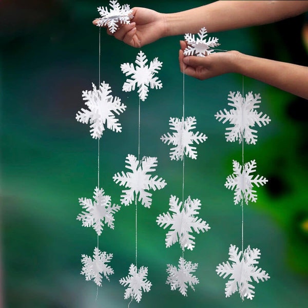 Guirlande de flocons de neige 3D, banderoles en papier de 3 m, décorations de maison de vacances, décor de fête du Nouvel An, bannière de flocon de neige blanche, ornements suspendus de vacances