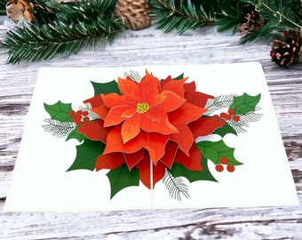 Carte pop-up de Noël faite à la main, poinsettia à fleurs rouges, fleurs de Noël 3D, carte de joyeux Noël 3D, décorations d'arbre de Noël, salutations de saison