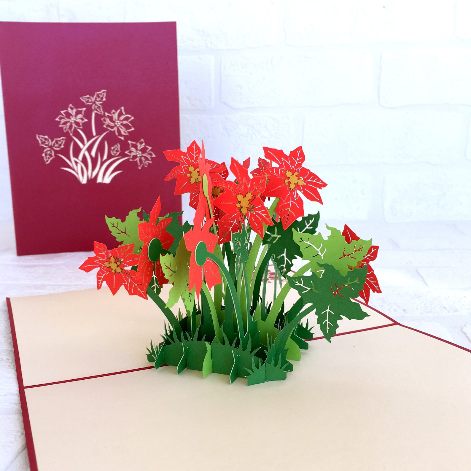 Handmade Christmas Pop Up Card Red Flowering Poinsettia Bush | Etsy