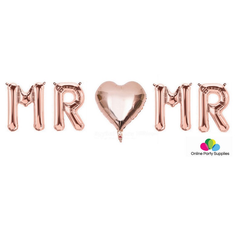 16 Rose Gold 'MR Heart MR' Letters Foil Balloon Banner, Gay Engagement Party Decorations, Same Sex Wedding Decor, Gay Wedding Shower Decor image 2