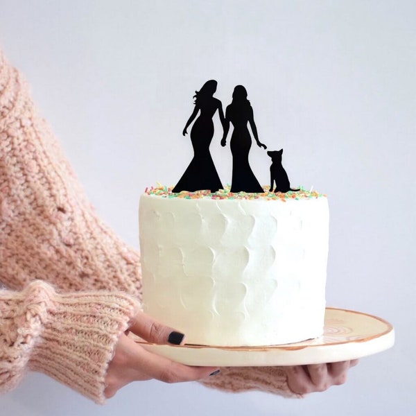 Lesbian Wedding Cake Topper, Silhouette, Black, Dog, Two Brides, Acrylic Mrs and Mrs, Bride & Bride, LGBT Cake Decorations, Same Sex Wedding