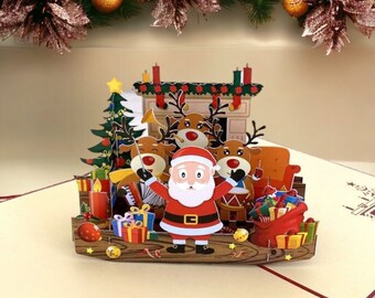 Darling Christmas Reindeer Party with Santa Card, 3D Pop Up Card, Xmas Card for Kids, Season Greetings, Pop Out Card, Greeting Card for mum