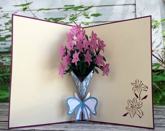 Mother's Day Card Purple Lily Flower Bouquet Pop Up Card, Birthday Pop Card, Floral Pop Card, Pop up Card, Wedding Invitation, 3D Love Card