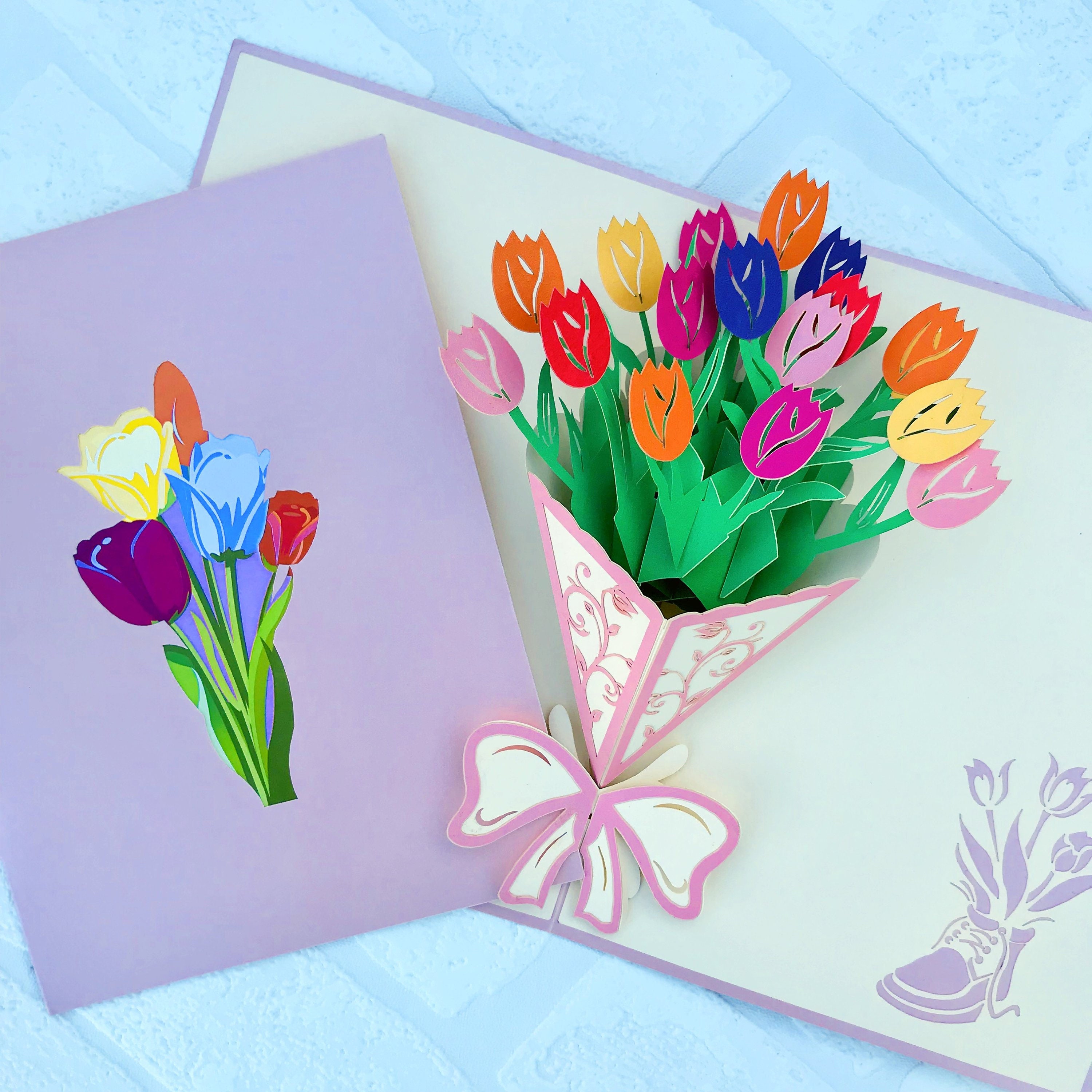 Birthday Pop Up Card with Beautiful Tulip Flower Design Tulip Pop Up Card CUTE POPUP Flower Lovers on Mother's Day or any Occasion Husband Surprising Handmade Keepsake for Mom