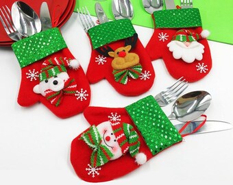 Christmas Cutlery Glove Holder, Tableware Decorations, Silverware Bag, Cutlery Cover, Stocking Ornament, Hanging Gift, Utensil Holder, Santa