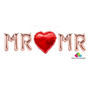 16 Rose Gold 'MR Heart MR' Letters Foil Balloon Banner, Gay Engagement Party Decorations, Same Sex Wedding Decor, Gay Wedding Shower Decor image 1