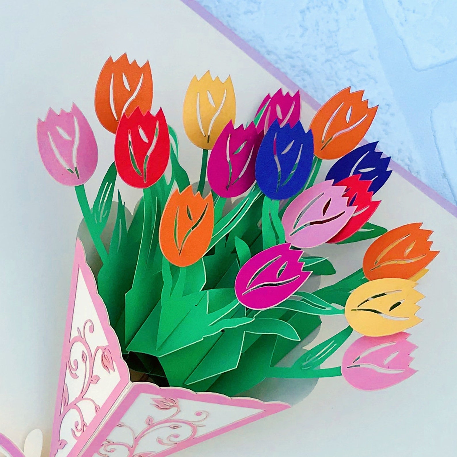 Colourful Tulip Flower Bouquet Pop up Card Pop up Birthday Etsy