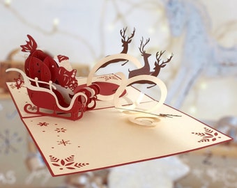 Handmade Christmas Pop Up Card, Santa Claus, Sleigh Reindeer, Merry Christmas, 3D Special Gift Card, Pop out Card, Xmas Decoration, Ornament