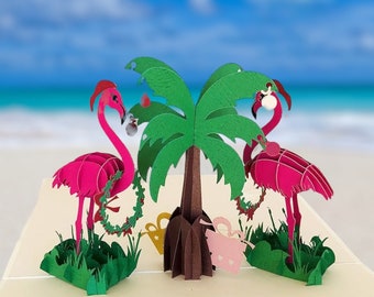 Christmas Pink Flamingos Pop Up Card, Tropical Island Pop up Birthday Card, 3D Pop up Card, Pop up Flamingos Christmas Card, Flamingos Card