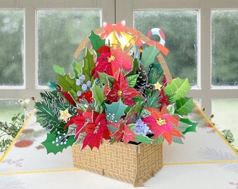 Poinsettia Flower Basket Card, Handmade Gift, Xmas Pop Up Card, Merry Christmas, 3D Special Gifts, Pop out Card, Greeting Card, Gift for Mum