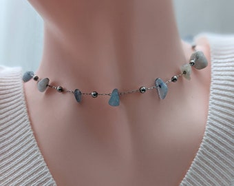 Aquamarine Gemstone Choker Necklace, Reiki Infused Crystal Jewelry, March Birthstone, Calming Blue Stone Chips