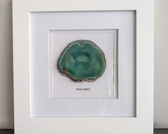 Green Agate Crystal Wall Decor, Framed Stone Specimen Art, Genuine Crystal Slice Infused with Reiki, 10"x10" Frame, Interior Decorating