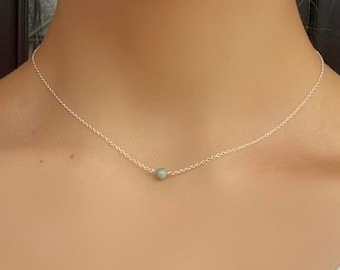 Delicate Larimar Crystal Choker Necklace, Sterling Silver Gemstone Jewelry, 925 Silver Reiki Necklace