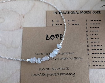 LOVE Morse Code Gemstone Necklace in Sterling Silver, Positive Mindset Gift, Pink and White Crystal Custom Jewelry for Her