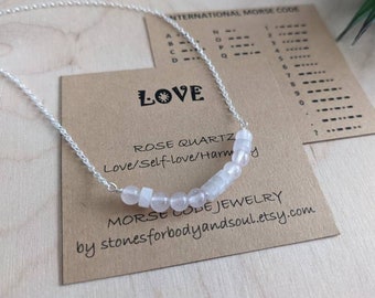 Custom Morse Code Rose Quartz Crystal Necklace, Sterling Silver Gemstone Jewelry, Secret Hidden Message