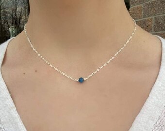 Kyanite Crystal Necklace, 925 Sterling Silver Reiki Infused Jewelry, Blue Natural Gemstone 5.5 mm Bead, Gift for Her