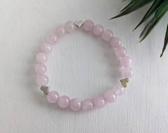 Soft Pink Rose Quartz Bracelet with Tiny Hearts, Valentine's Day Gift, Stone of Love, Handmade Jewelry