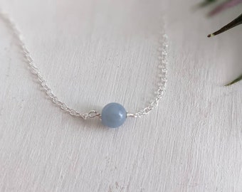 Angelite Crystal Necklace, Reiki Infused dainty Jewelry, Sterling Silver Necklace, Natural Gemstone