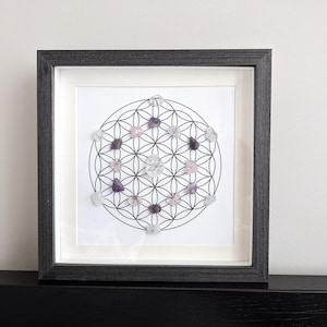 Custom Crystal Grid Shadow Box, Flower of Life Sacred Geometry, Reiki Infused Manifestation Wall Art