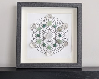 Luck and Abundance Crystal Grid Interior Decor, Flower of Life Sacred Geometry, 8.75"x 8.75" Framed Crystal Art, Reiki Infused Stones