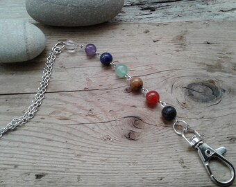 7 Chakra Gemstone Lanyard. Office Badge Holder with Genuine Crystal Beads. Meaningful Office Gift.