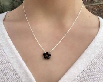 Black Tourmaline Necklace with a Dainty Flower Pendant, 925 Sterling Silver Gemstone Jewelry, Black Crystal Necklace