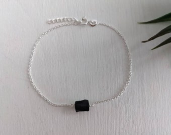 Raw Black Tourmaline 925 Sterling Silver Chain Bracelet, Dainty Crystal Jewelry Handmade in Canada, Protection Stone